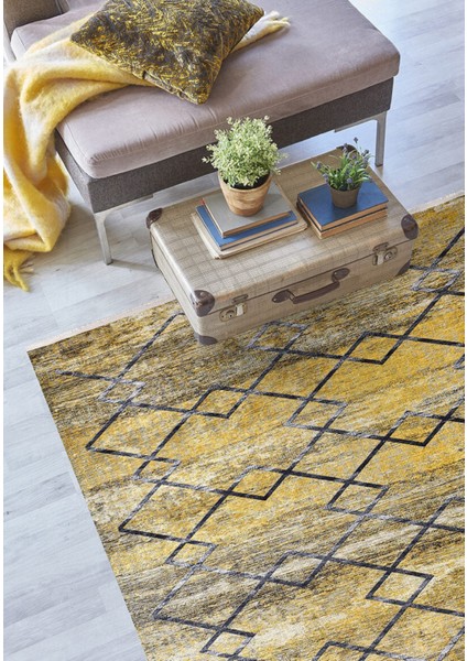 Izberbas Sarı Geometrik Polyester Dijital Baskı Halı