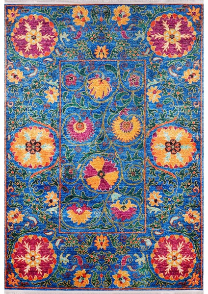 Sarapul Mavi Çiçekli Polyester Dijital Baskı Halı
