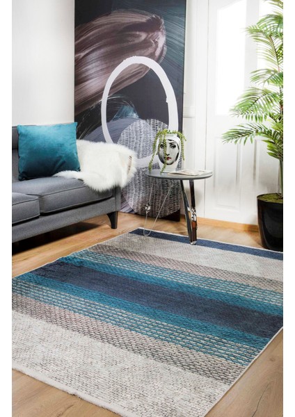 Viborg Mavi Çizgili Polyester Dijital Baskı Halı