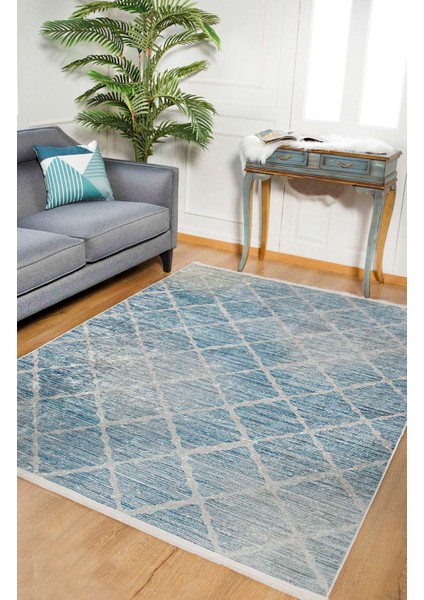 Vorkuta Mavi Geometrik Polyester Dijital Baskı Halı