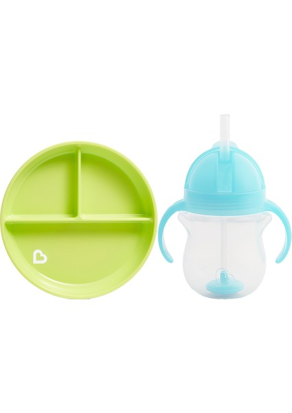 Sabit Vakumlu Beslenme Tabağı &tıklama Uçlu Pipetli Alıştırma Bardağı 6AY+ Yeşil&mavi 2'li Paket