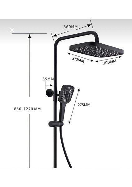 Siyah Duş Seti Tele Yağmurlama Duş Sistemi Mat Siyah Batarya Dahil Komple Set Duş Başlığı