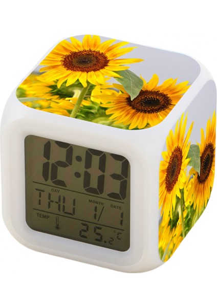 7 Renkli LED Kare Dijital Alarmlı Saat - Beyaz (Yurt Dışından)