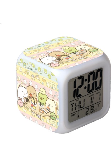 7 Renkli LED Kare Dijital Alarmlı Saat - Beyaz (Yurt Dışından)