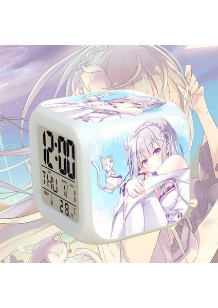 7 Renkli LED Kare Dijital Alarmlı Saat - Beyaz (Yurt Dışından)