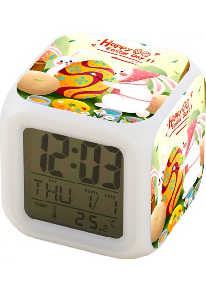 7 Renkli LED Kare Dijital Alarmlı Saat - Beyaz (Yurt Dışından)
