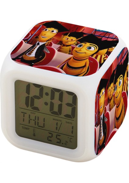 7 Renkli LED Kare Dijital Alarmlı Saat - Beyaz (Yurt Dışından)