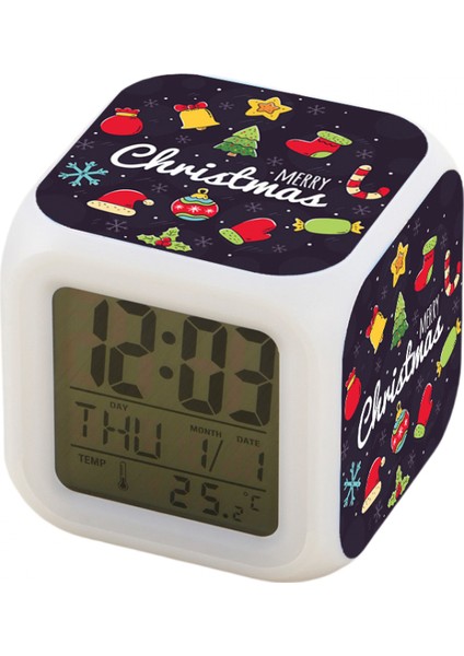7 Renkli LED Kare Dijital Alarmlı Saat - Beyaz (Yurt Dışından)