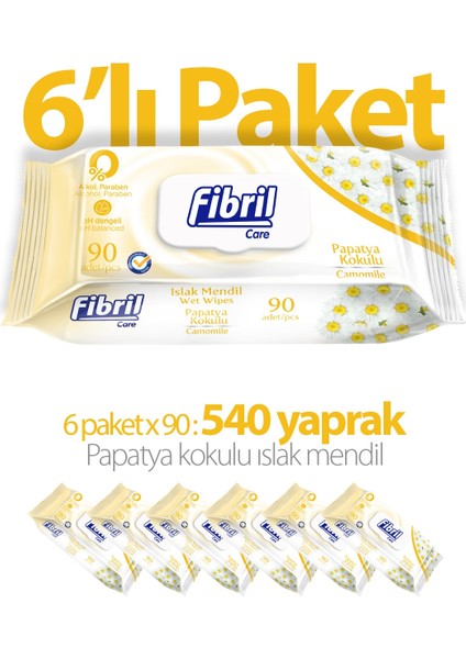 Papatya Kokulu Islak Mendil 90'lı (6 Paket) 540 Yaprak