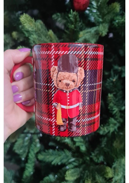 Teddy Bear Tasarım Yılbaşı Desenli Kırmızı Kupa Bardak