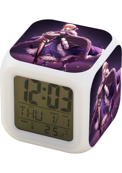 7 Renkli LED Kare Dijital Alarmlı Saat - Beyaz (Yurt Dışından)