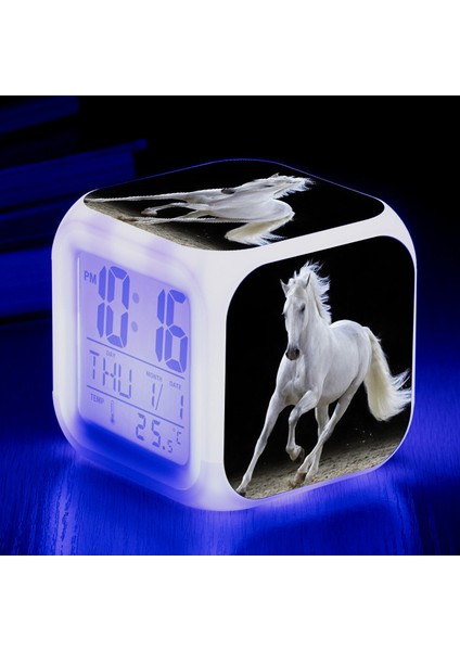7 Renkli LED Kare Dijital Alarmlı Saat - Beyaz (Yurt Dışından)