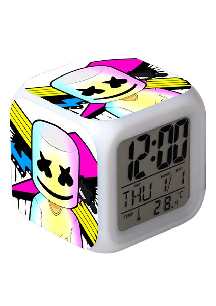7 Renkli LED Kare Dijital Alarmlı Saat - Beyaz (Yurt Dışından)