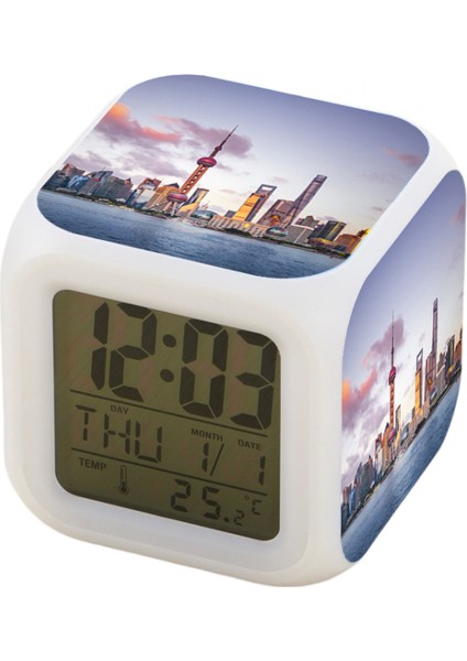 7 Renkli LED Kare Dijital Alarmlı Saat - Beyaz (Yurt Dışından)