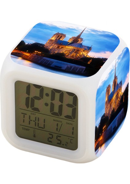 7 Renkli LED Kare Dijital Alarmlı Saat - Beyaz (Yurt Dışından)
