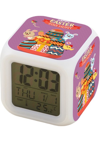7 Renkli LED Kare Dijital Alarmlı Saat - Beyaz (Yurt Dışından)
