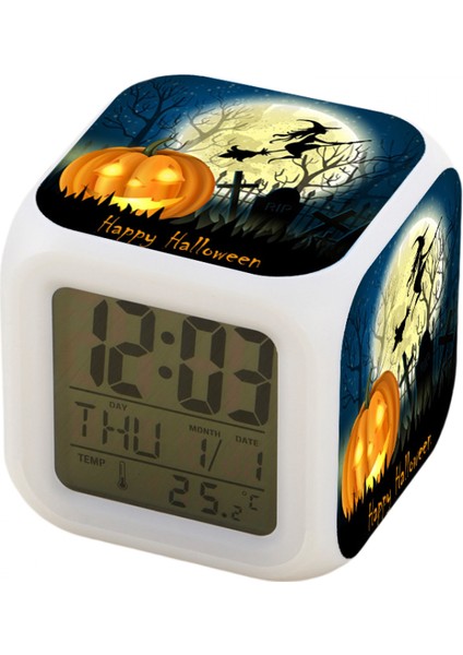 7 Renkli LED Kare Dijital Alarmlı Saat - Beyaz (Yurt Dışından)