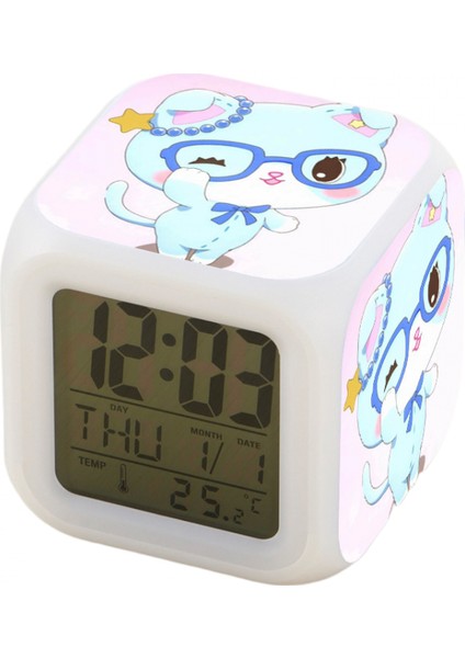 7 Renkli LED Kare Dijital Alarmlı Saat - Beyaz (Yurt Dışından)