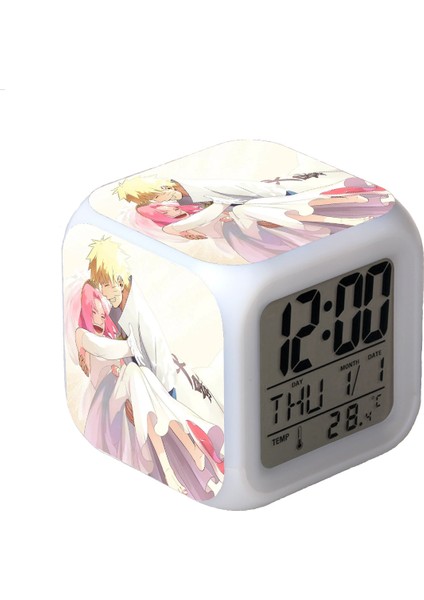 7 Renkli LED Kare Dijital Alarmlı Saat - Beyaz (Yurt Dışından)