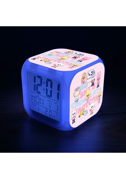 7 Renkli LED Kare Dijital Alarmlı Saat - Beyaz (Yurt Dışından)