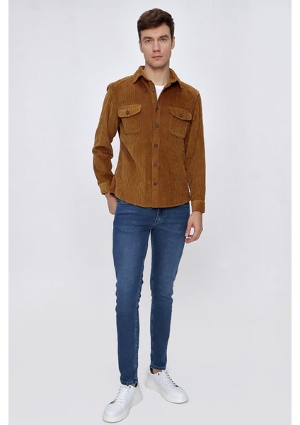 Slimfit Çift Kapaklı Cepli Kalın Fitilli Düğme Kapamalı Pamuklu Erkek Kadife Gömlek fırsatları