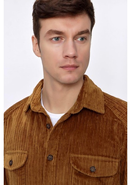 Slimfit Çift Kapaklı Cepli Kalın Fitilli Düğme Kapamalı Pamuklu Erkek Kadife Gömlek indirimleri