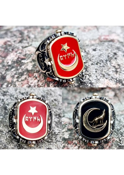 Kırmızı Mineli Ay Yıldız Siyah Mineli Bozkurt Yüzük