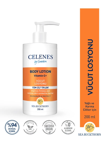 Celenes By Sweden Aydınlatıcı ve Cilt Tonu Eşitleyici Sea Buckthorn Vücut Losyonu Tüm Cilt Tipleri 200 ml