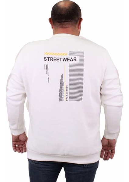 Erkek Büyük Beden Sıfır Yaka Sweat Streetwear 23206 Ekru
