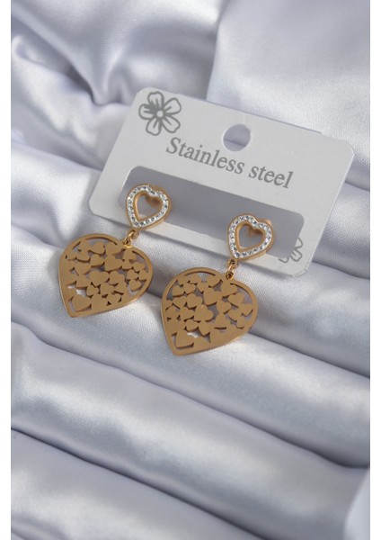 316L Çelik Gold Renk Kalp Model Işlemeli Zirkon Taş Detay Kadın Küpe