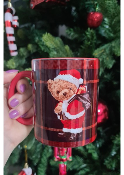 Teddy Bear Noel Baba Tasarım Yılbaşı Desenli Kırmızı Kupa Bardak