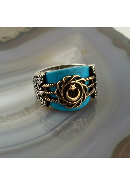 Turkuaz Taşlı Ay Yıldız Erkek Yüzük