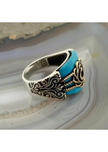 Turkuaz Taşlı Ay Yıldız Erkek Yüzük modelleri