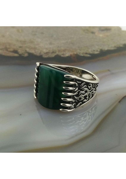 Yeşil Akik Taşlı Alev Desenli Erkek Yüzük