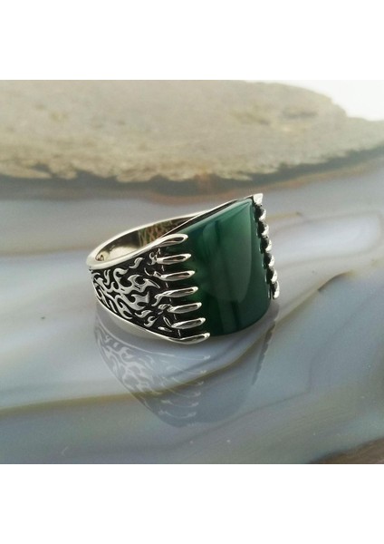 Yeşil Akik Taşlı Alev Desenli Erkek Yüzük fiyatları