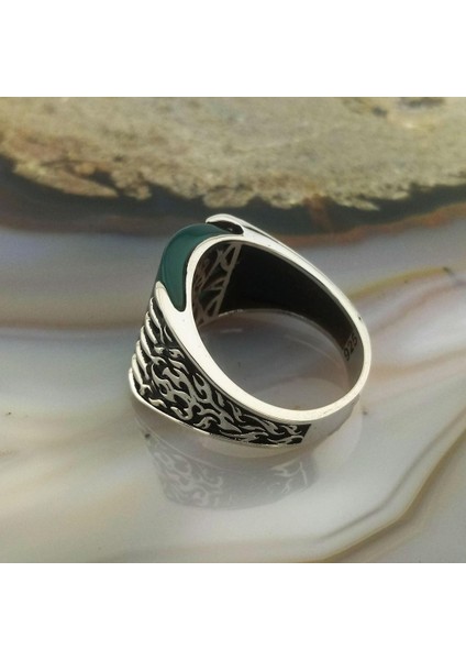 Yeşil Akik Taşlı Alev Desenli Erkek Yüzük fırsatları