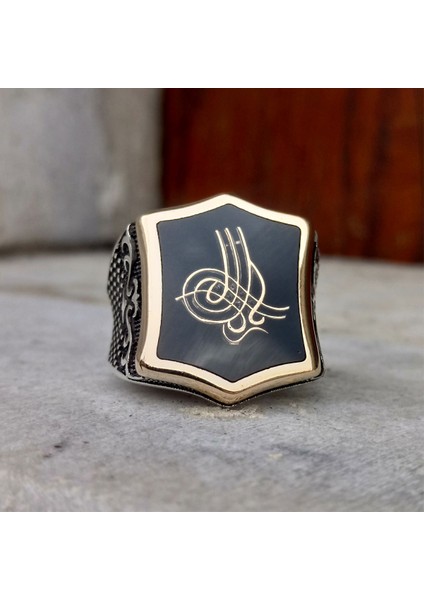 Siyah Mineli Osmanlı Tuğralı Erkek Yüzük