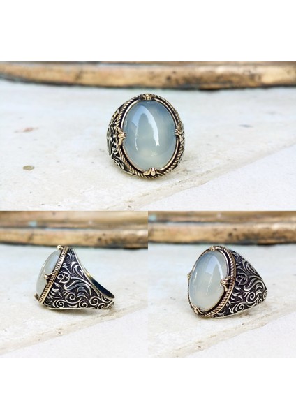 Sisli Kuvars Lale Motifli Gümüş Erkek Yüzük