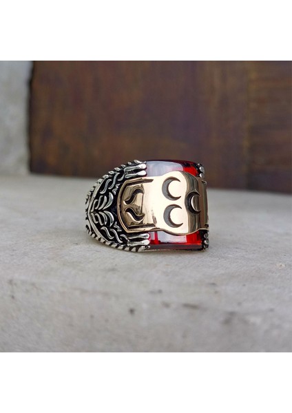 Kırmızı Zirkon Taşlı Üç Hilal Erkek Yüzük fiyatları