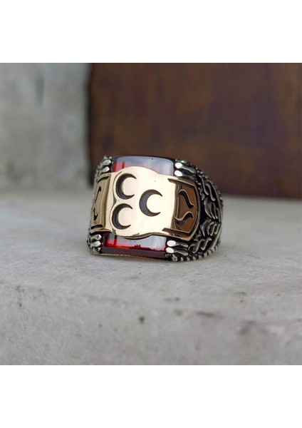 Kırmızı Zirkon Taşlı Üç Hilal Erkek Yüzük modelleri