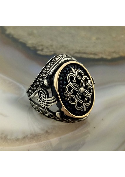 Osmanlı Tuğrası Siyah Taşlı Erkek Yüzük