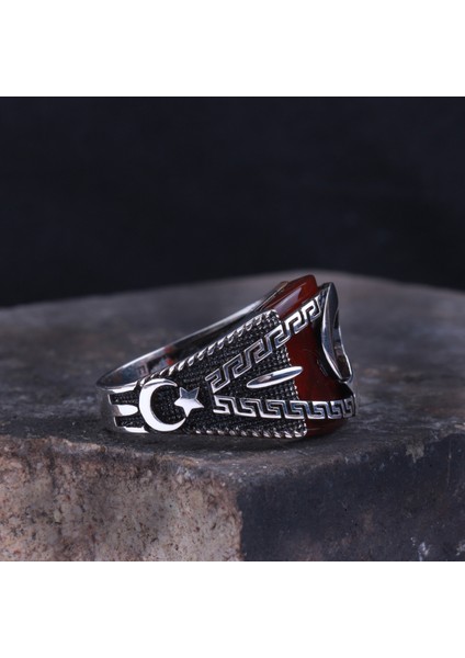 Ay Yıldız Motifli Kırmızı Akik Taşlı Erkek Gümüş Yüzük modelleri