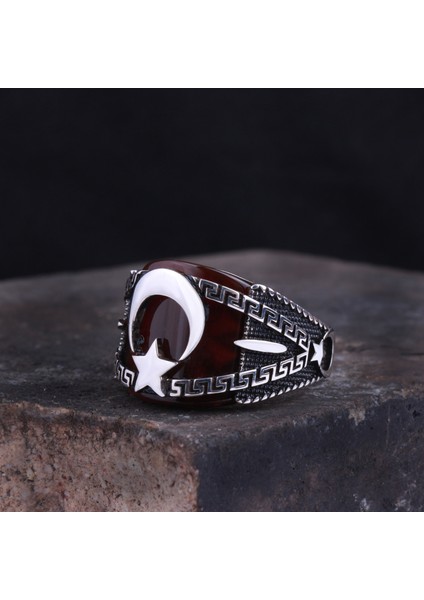 Ay Yıldız Motifli Kırmızı Akik Taşlı Erkek Gümüş Yüzük fırsatları