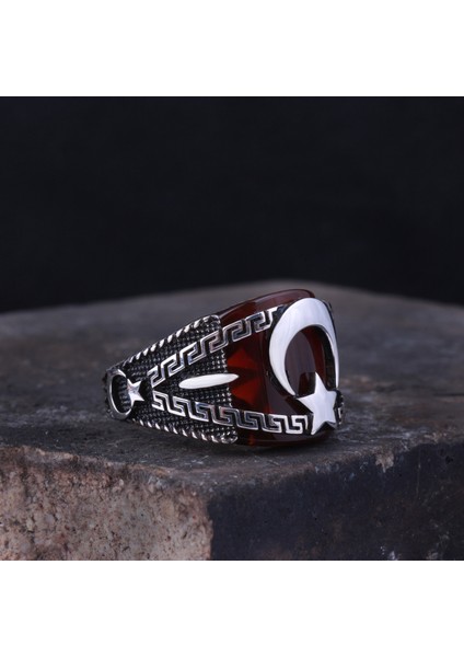 Ay Yıldız Motifli Kırmızı Akik Taşlı Erkek Gümüş Yüzük indirimleri