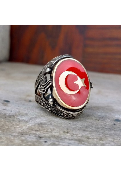Kırmızı Mineli Ay Yıldız Işlemeli Erkek Yüzük fiyatları