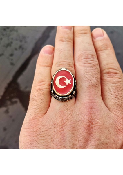 Kırmızı Mineli Ay Yıldız Işlemeli Erkek Yüzük fırsatları