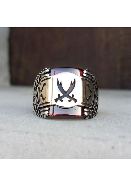 Kırmızı Zirkon Taşlı Hz. Ali Kılıcı Zülfikar Erkek Yüzük