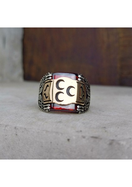 Kırmızı Zirkon Taşlı Üç Hilal Erkek Yüzük