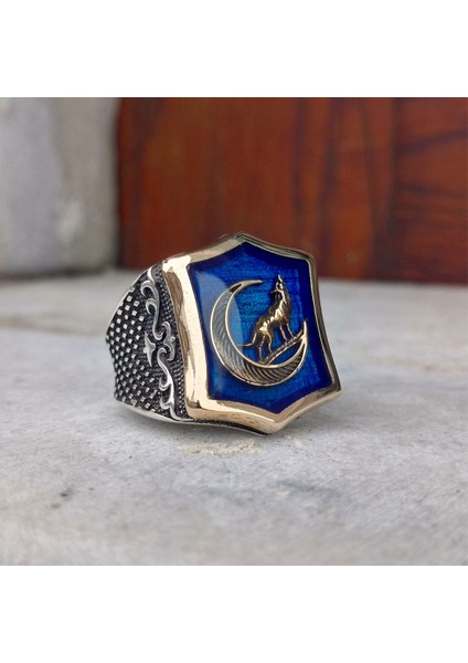 Mavi Mineli Bozkurt Işlemeli Erkek Yüzük fiyatları