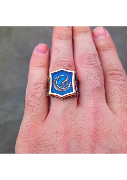 Mavi Mineli Bozkurt Işlemeli Erkek Yüzük modelleri